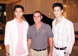 Serge Rigodin (centre), operations manager of the Pullman Pattaya Aisawan greets Korean movie actor Lee Kwan Hoon and Vincent “Vinnie” Kinny, Thailand’s top male model, who were at the resort to shoot a ‘Thailand Society’ television segment.